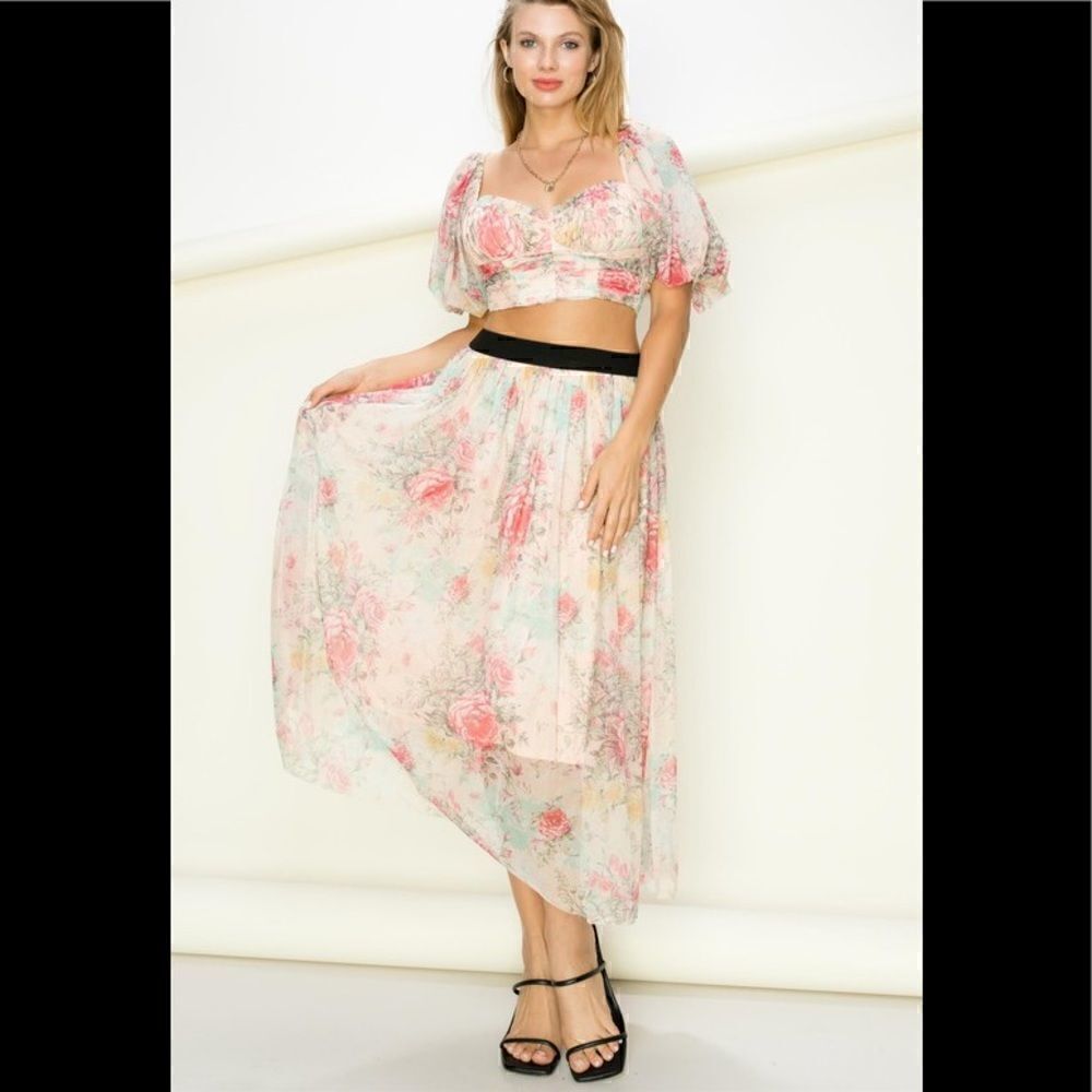 Hyfve Peachy Floral Print Midi Skirt